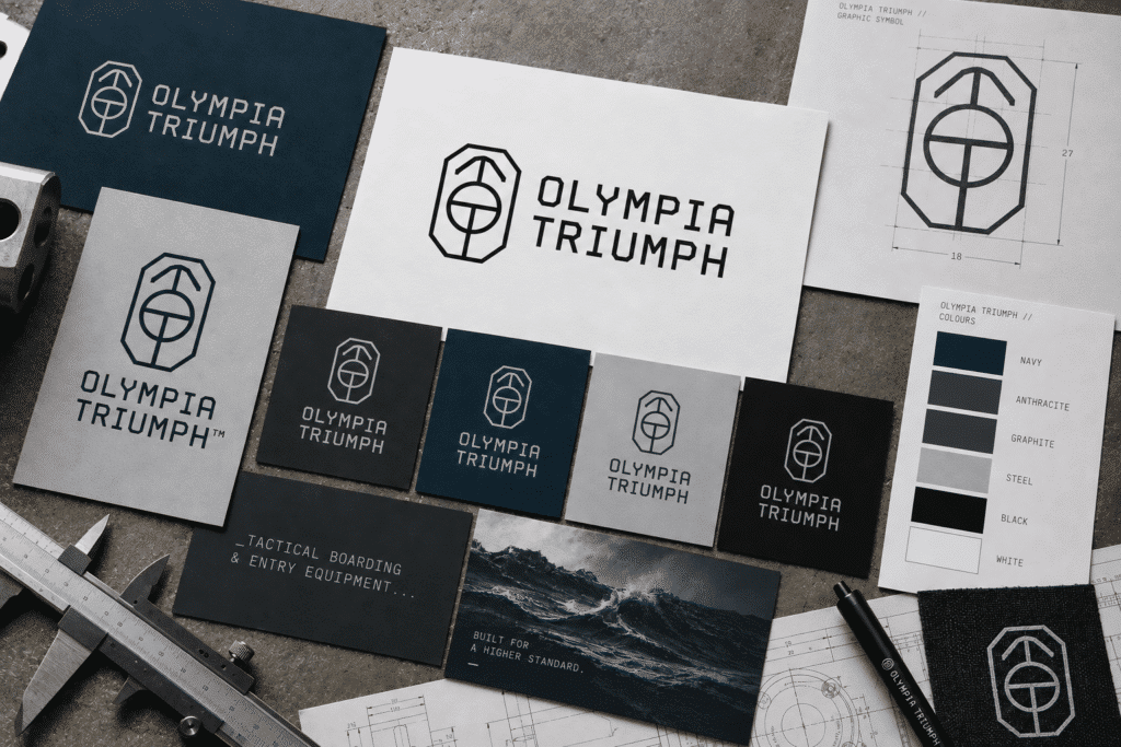 Various Olympia Triumph logo designs and color samples laid out on a table with technical drawing tools.